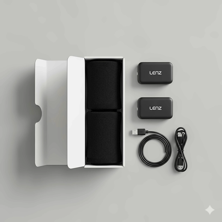 An unboxing shot of the Lenz heated socks package, including the pair of socks, two battery packs, and the USB charging cable, showing all the components.