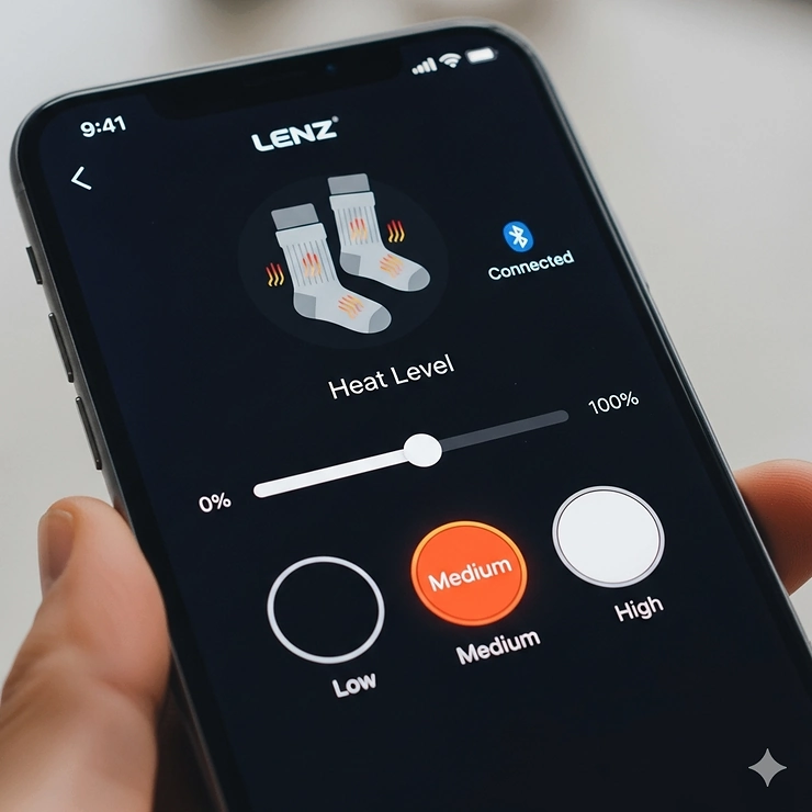 A smartphone screen displaying the Lenz heated socks app interface, highlighting the easy-to-use controls for adjusting the heat settings via Bluetooth.
