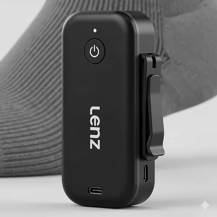 A detailed view of the compact and rechargeable battery pack for Lenz heated socks, showing its slim profile and easy clip-on attachment.