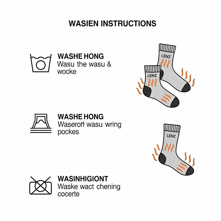 A simple graphic with icons and text detailing the washing instructions for Lenz heated socks, ensuring proper care and longevity of the product.
