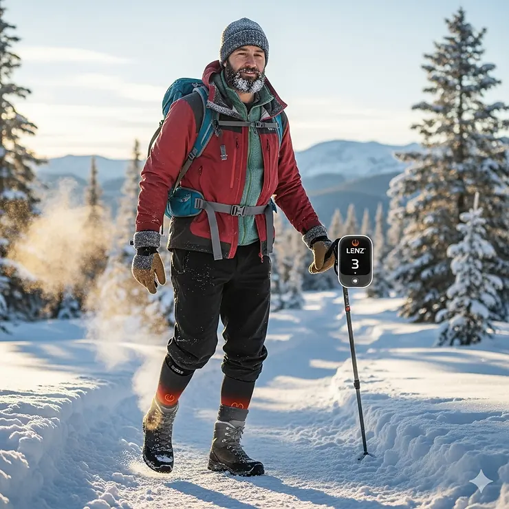 A hiker on a winter trail, wearing boots and Lenz heated socks, demonstrating the socks' comfort and utility for long treks in cold climates.