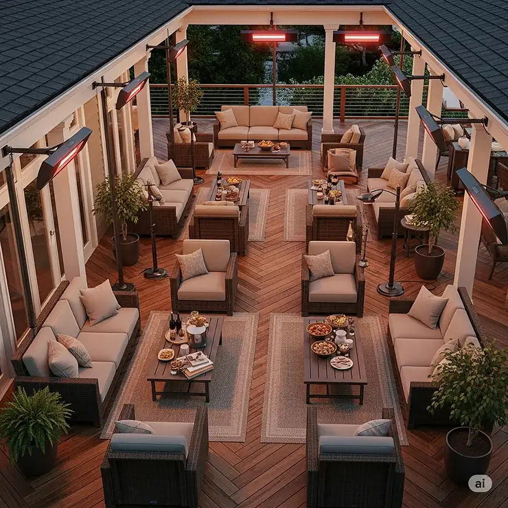 An overhead view of a large porch or deck with several infrared porch heaters strategically placed to create overlapping warmth zones for a big gathering.