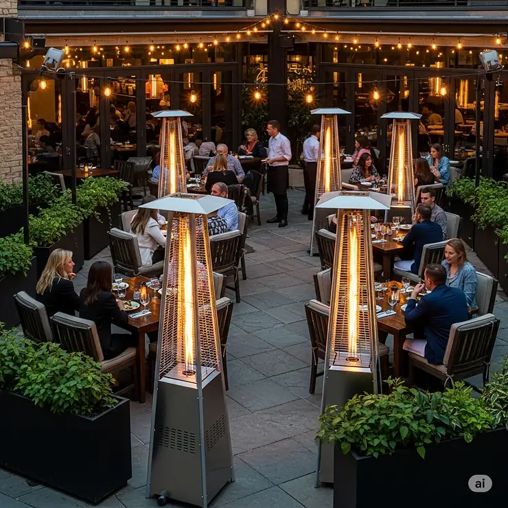 A commercial patio featuring several natural gas outdoor heaters spaced evenly to ensure consistent, widespread warmth for restaurant patrons.