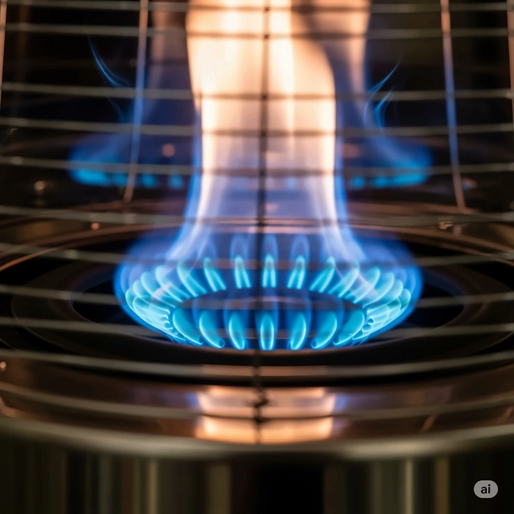 Close-up of a clean, efficient blue flame from a natural gas outdoor heater, showcasing its powerful heat output.