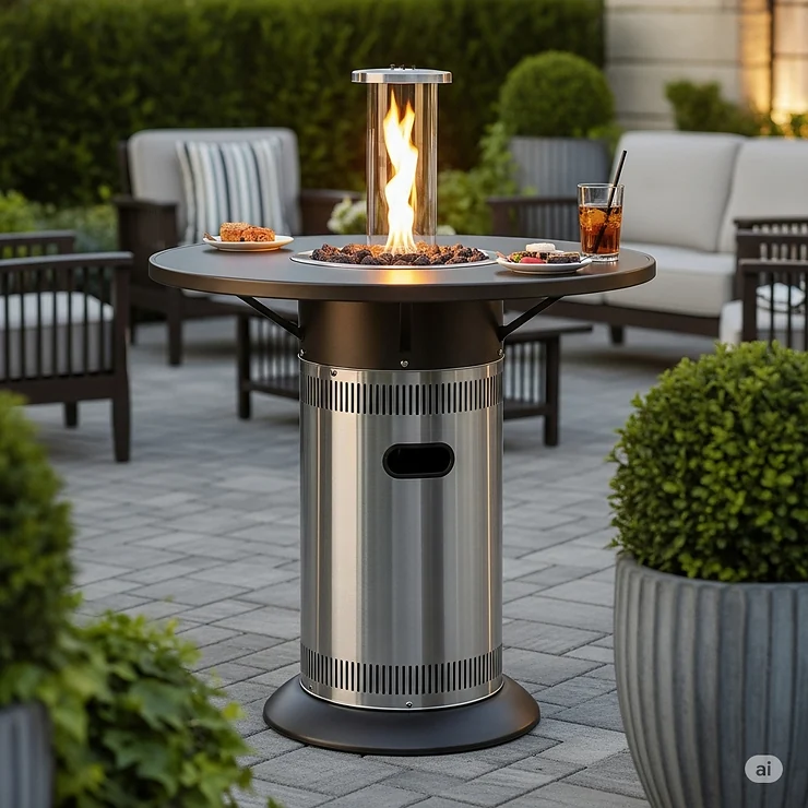 A natural gas outdoor heater with a built-in table, perfect for placing drinks or small plates while enjoying the warmth.