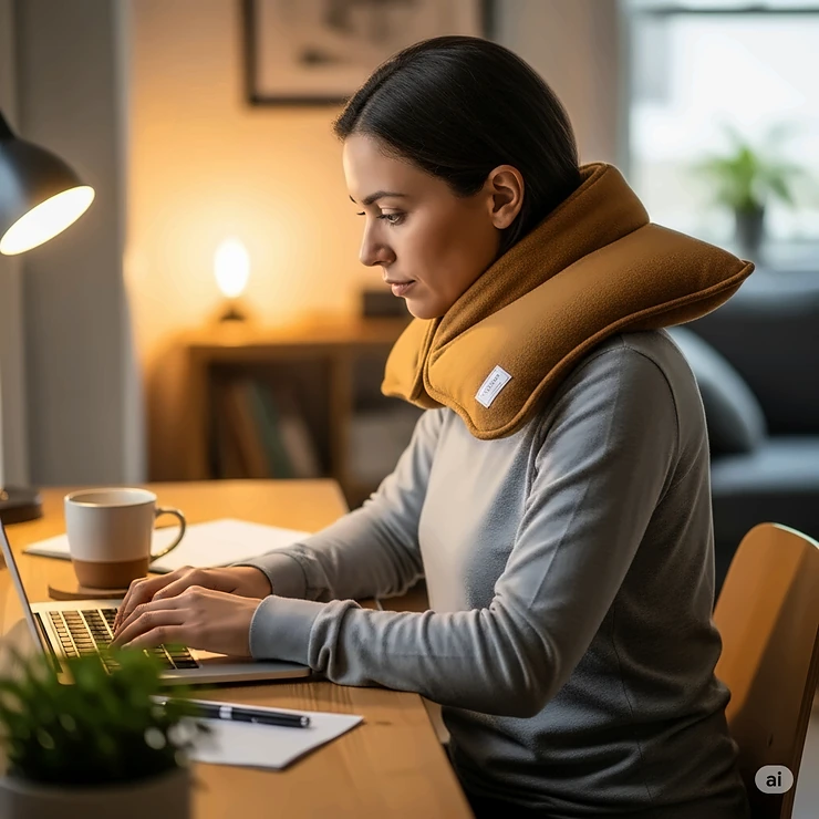 A person sitting at a desk with a heat pillow on their neck, showing how it can be used to soothe stiff neck muscles from working.