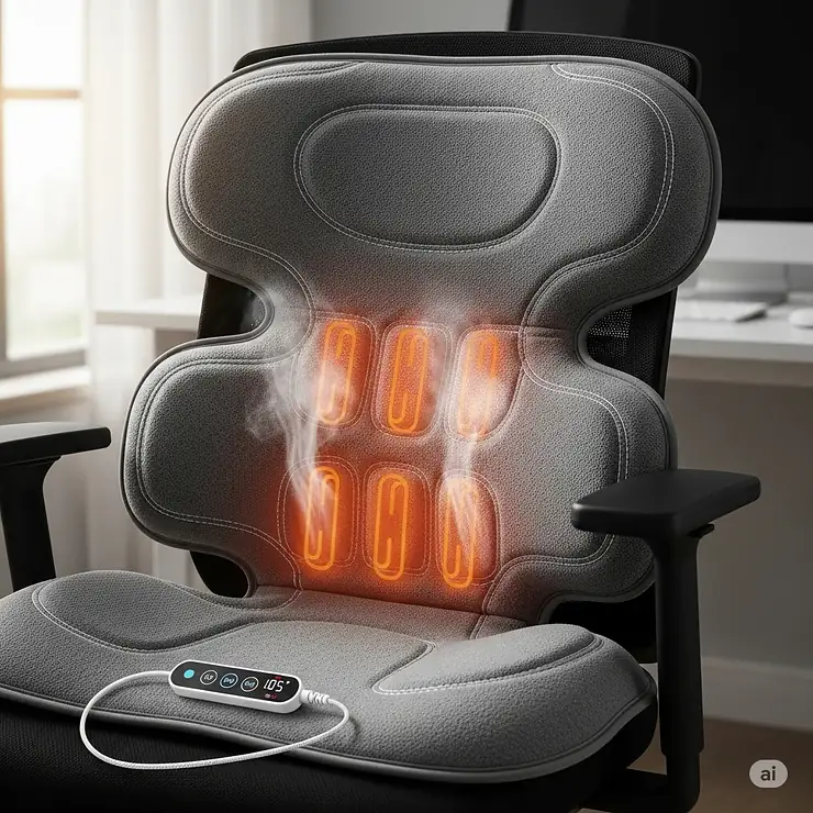 Close-up of an office chair heating pad highlighting its contoured design for excellent lumbar support and targeted heat therapy.