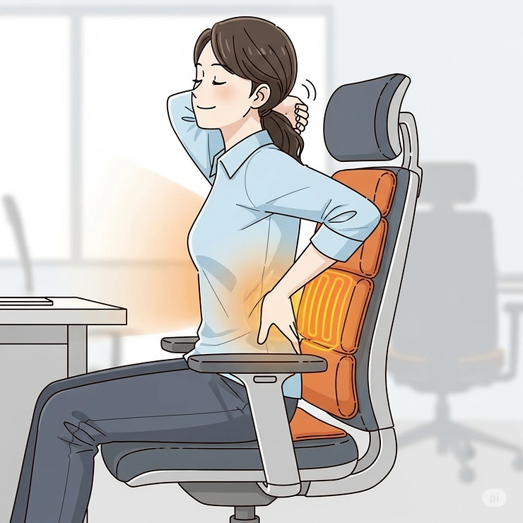 An illustration of a person feeling relief, with a subtle glow around their back, indicating how an office chair heating pad can soothe muscle tension and back pain.