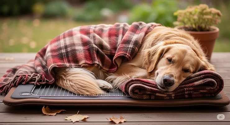 A golden retriever dog is comfortably lying on an outdoor heating pad, surrounded by a cozy blanket on a porch, with a happy and relaxed expression.