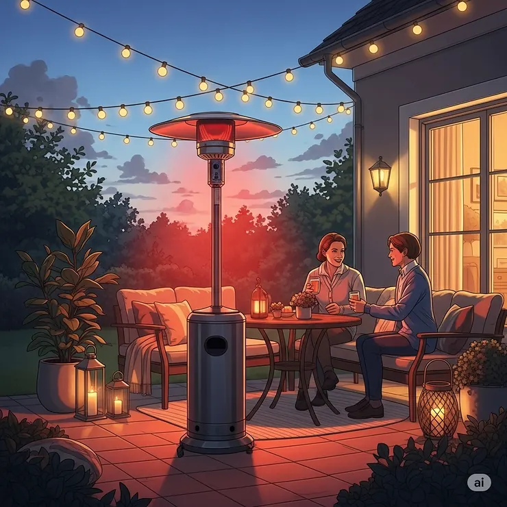An illustration of a cozy outdoor patio setting at dusk, featuring an infrared patio heater that provides efficient warmth for people enjoying the space.