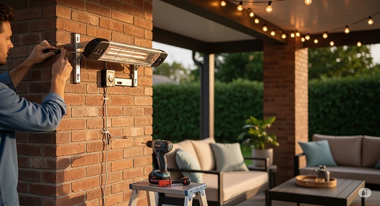 A person installing a wall-mounted electric patio heater, demonstrating the simple setup process.