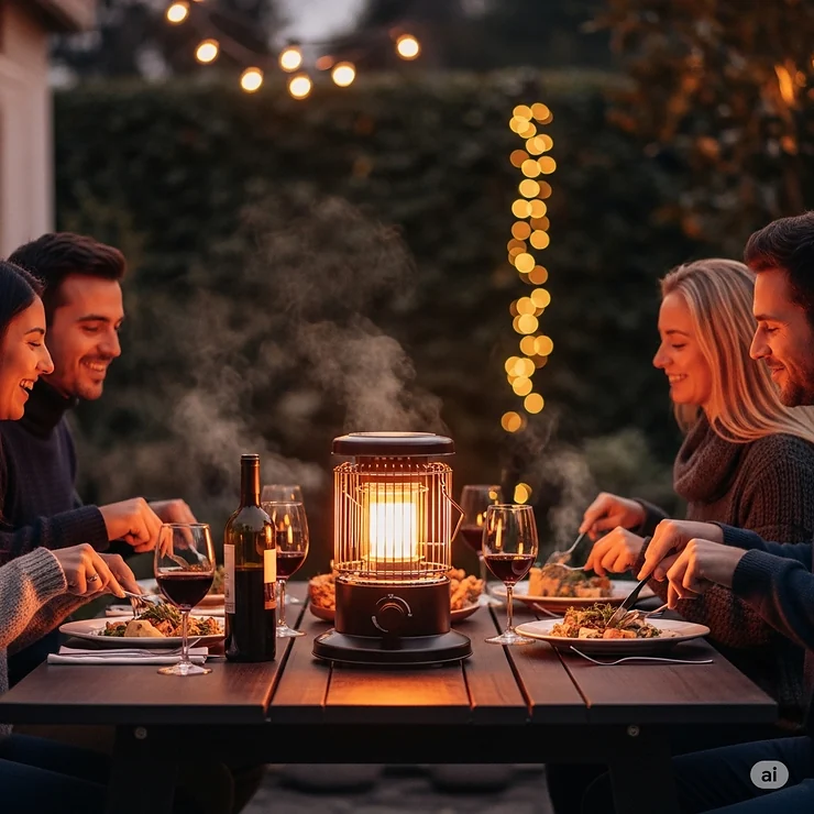 A compact tabletop propane heater sitting on an outdoor dining table, warming guests during a cool evening meal.