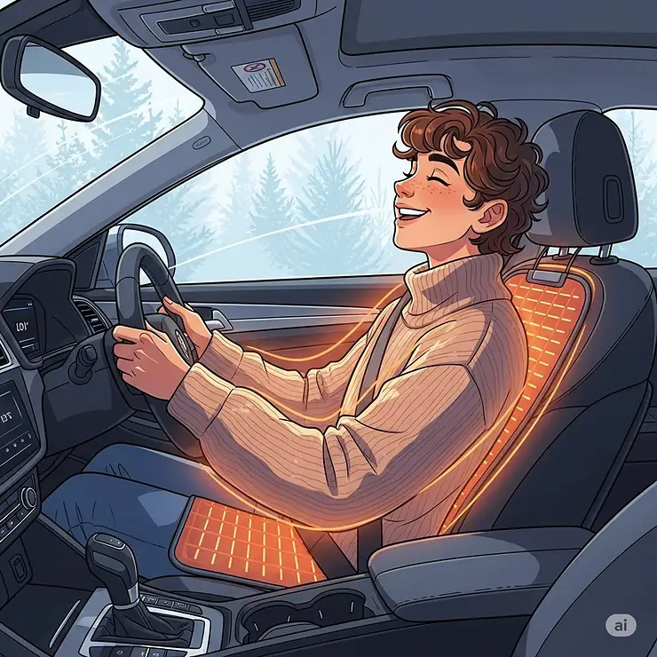 A stylized drawing of a happy driver on a cold morning, enjoying the comfortable warmth provided by a car heater pad.