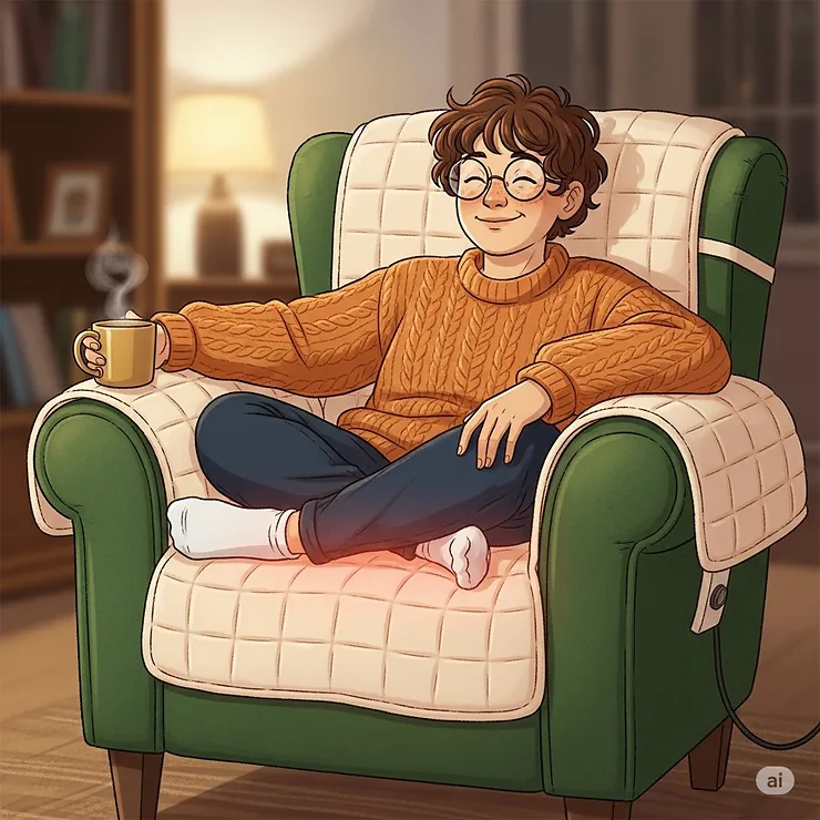 An illustration of a person smiling and relaxing in a comfortable armchair with a plush heated chair pad, emphasizing the warmth and comfort it provides for reading or watching TV.
