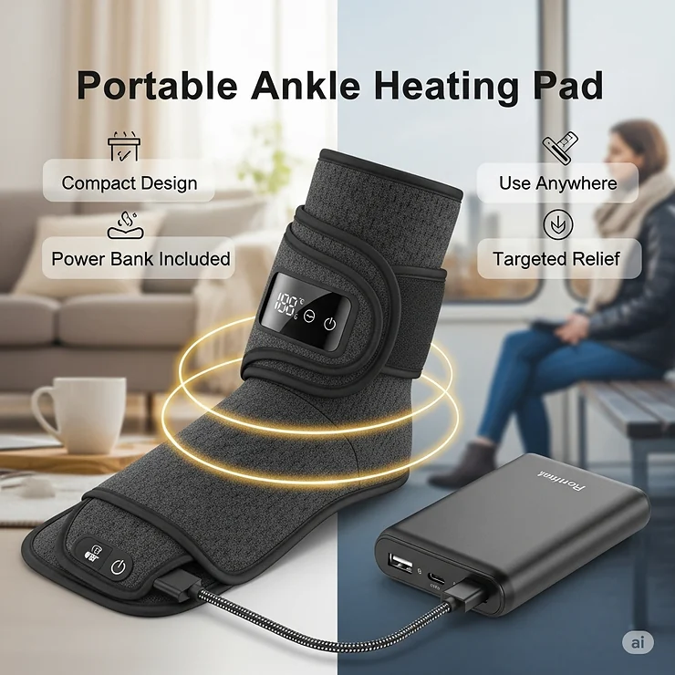 A graphic showcasing a compact, portable ankle heating pad with a power bank, emphasizing its convenience for use at home or on the go.