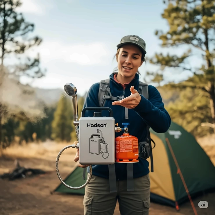 A person demonstrating a compact, portable propane water heater for campers, highlighting its convenient size and ease of use.
