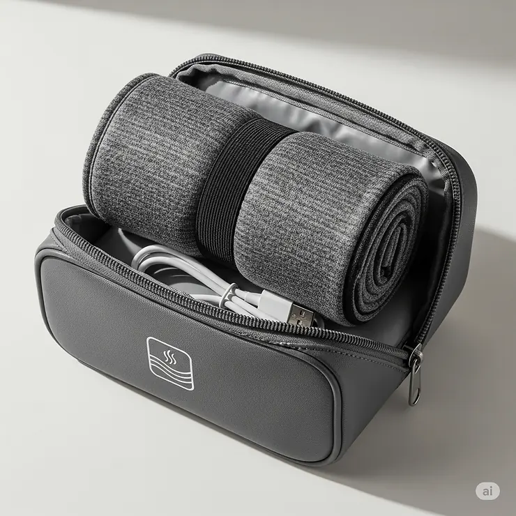 A compact heating massage pad neatly rolled up and placed in a convenient travel bag, emphasizing its portability and ease of storage.