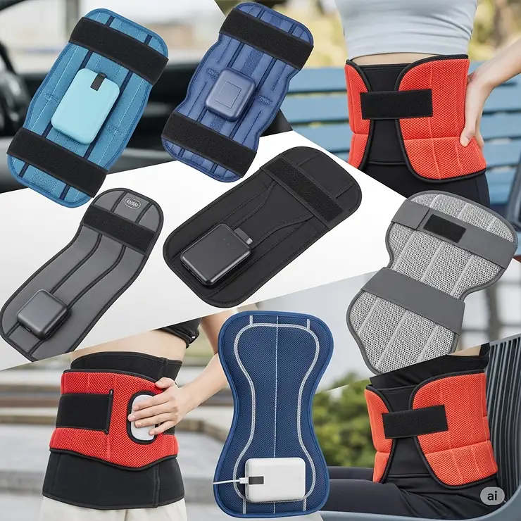 A collage of different portable and cordless heating pads designed for people with sciatica, showcasing features like adjustable straps and battery operation for use on the go.