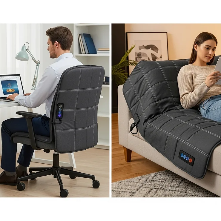 A versatile heating pad designed for use on an office chair, but also shown being used on a couch, emphasizing its portability and multi-use functionality.