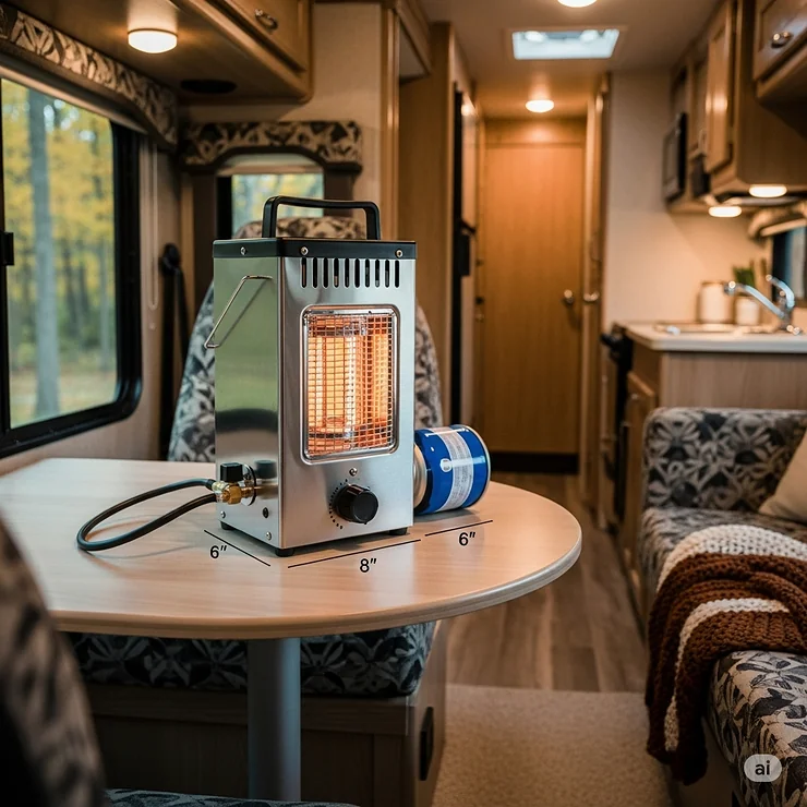 A portable propane camper heater sitting on a small table inside a recreational vehicle.