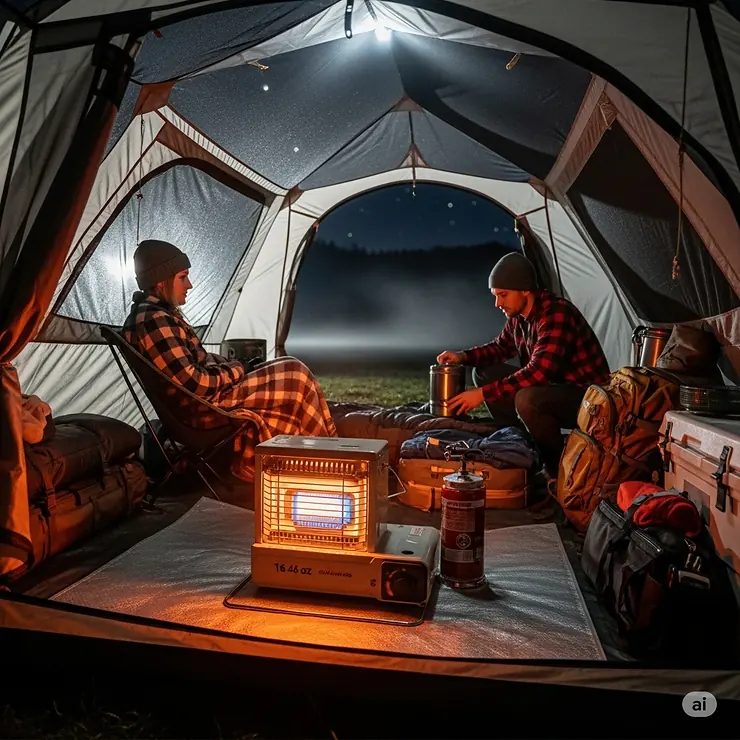 A small portable propane heater providing warmth inside a large camping tent on a cool night. portable propane heaters for outdoors