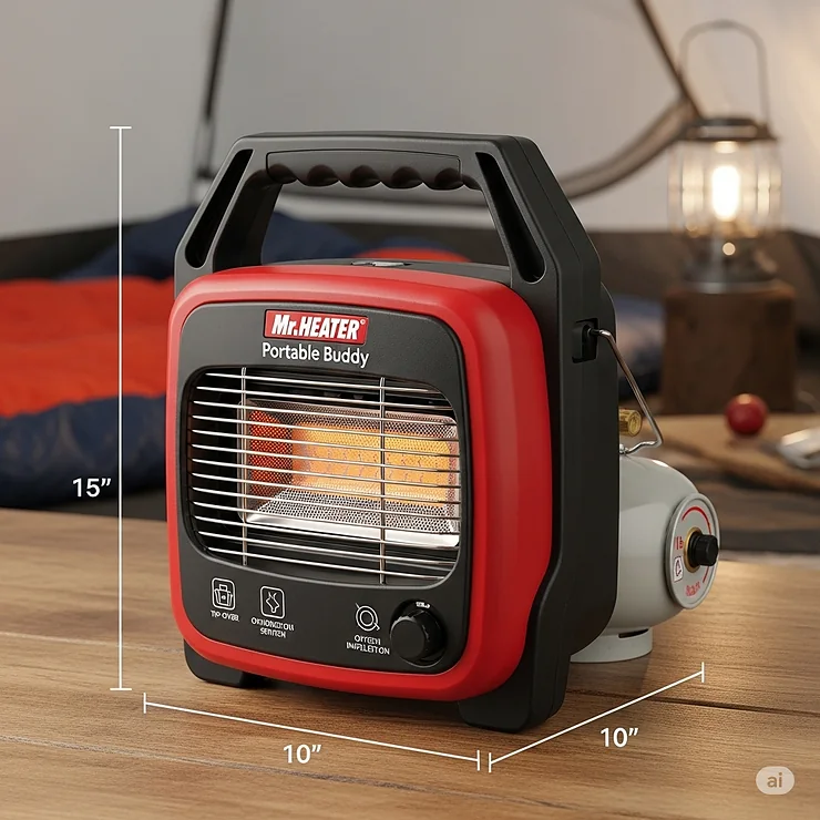 A detailed product shot of a popular model of a portable propane tent heater, showcasing its design, handle for easy carrying, and compact size.