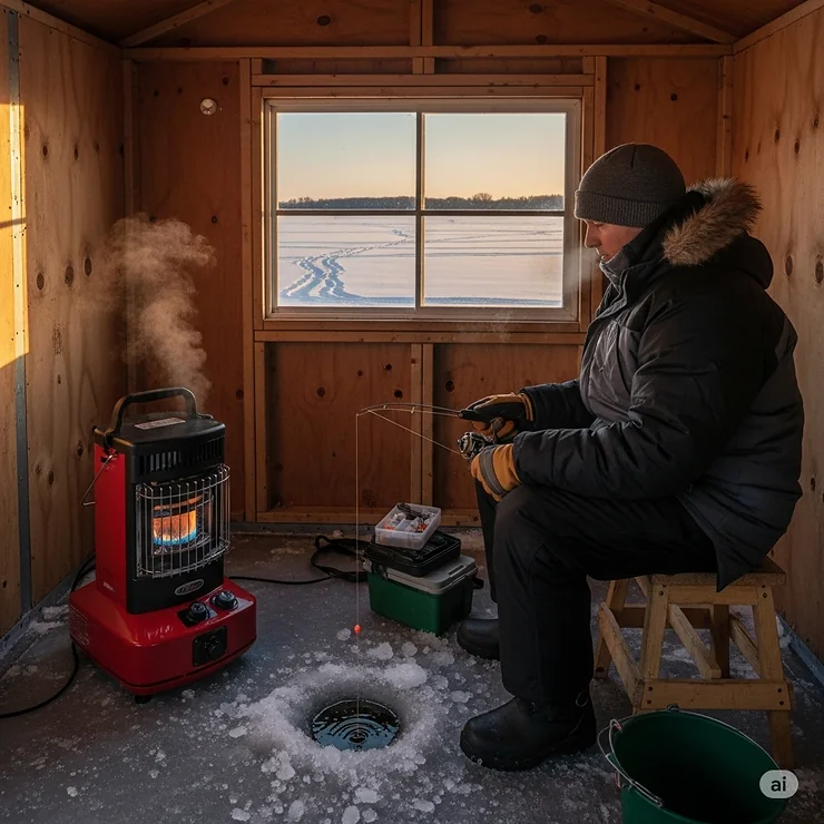 An angler staying warm in an ice fishing shack with a portable propane heater running safely in the corner.