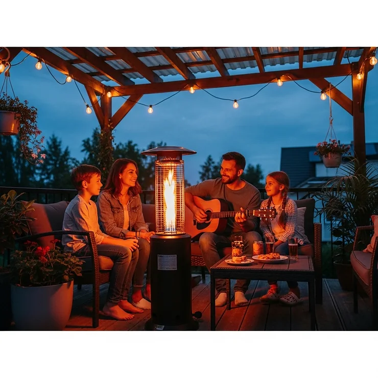 A family enjoying a warm evening on their patio with a portable propane heater. The heater's flame is visible, providing a cozy glow.