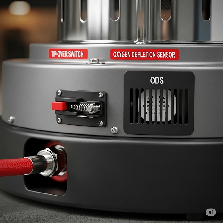 A close-up shot highlighting the safety features of a portable propane heater, such as the tip-over shut-off switch and oxygen depletion sensor.