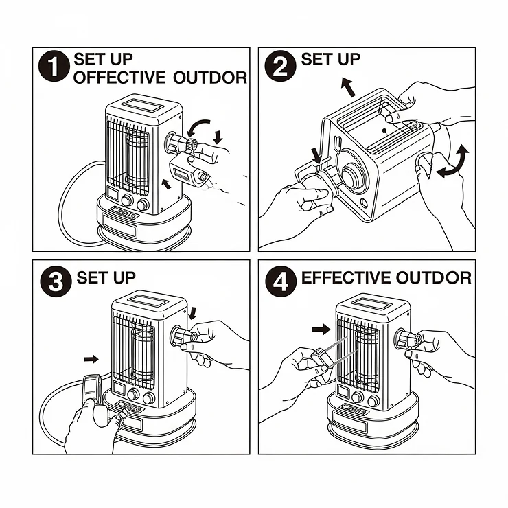 A step-by-step illustration showing how to properly set up a portable propane heater for safe and effective outdoor use.