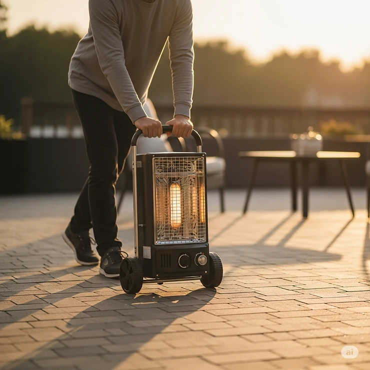A person easily moving a lightweight, small propane patio heater with wheels, highlighting its portability and convenience.