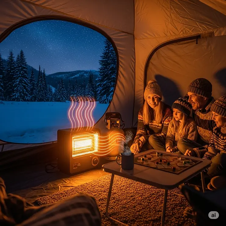 A visual representation of heat waves emanating from a propane heater, illustrating its efficient warmth for camping.