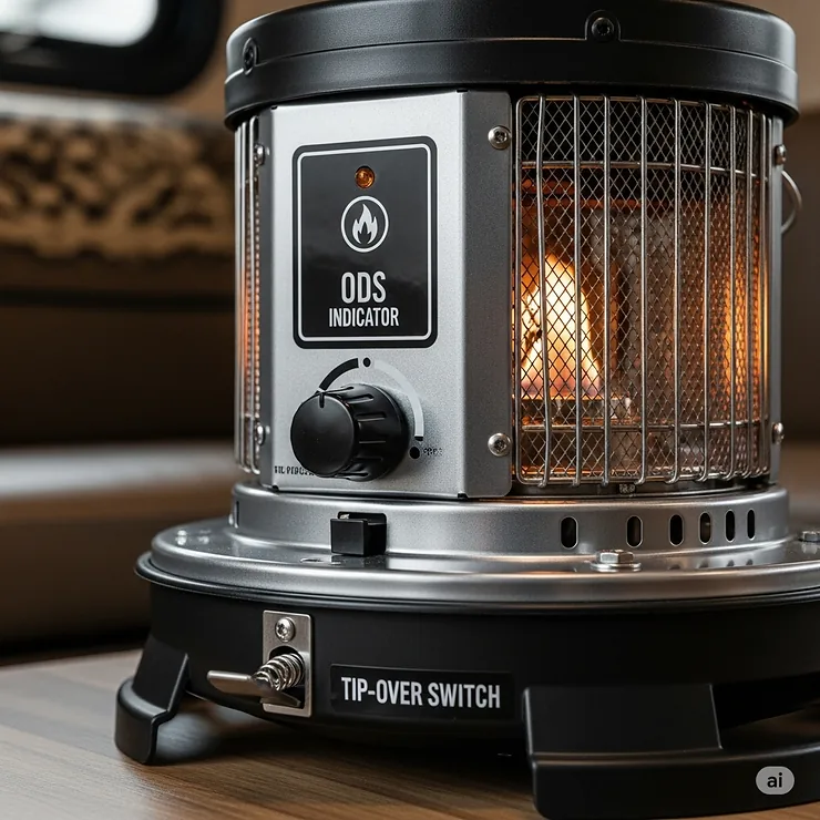 Close-up of a small propane heater for a camper, highlighting key safety features such as the tip-over switch and oxygen depletion sensor (ODS).