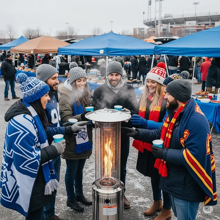 A group of friends gathered around a portable propane heater at a tailgate party on a cold game day.