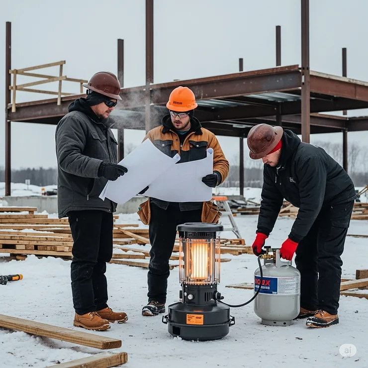 Construction workers using a rugged portable propane heater to warm a work area on a cold, outdoor winter job site.