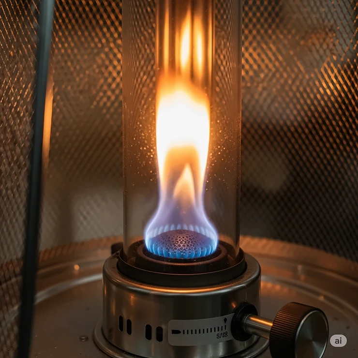 A close-up view of the adjustable, clean-burning flame inside a small propane patio heater, showcasing the heat source.