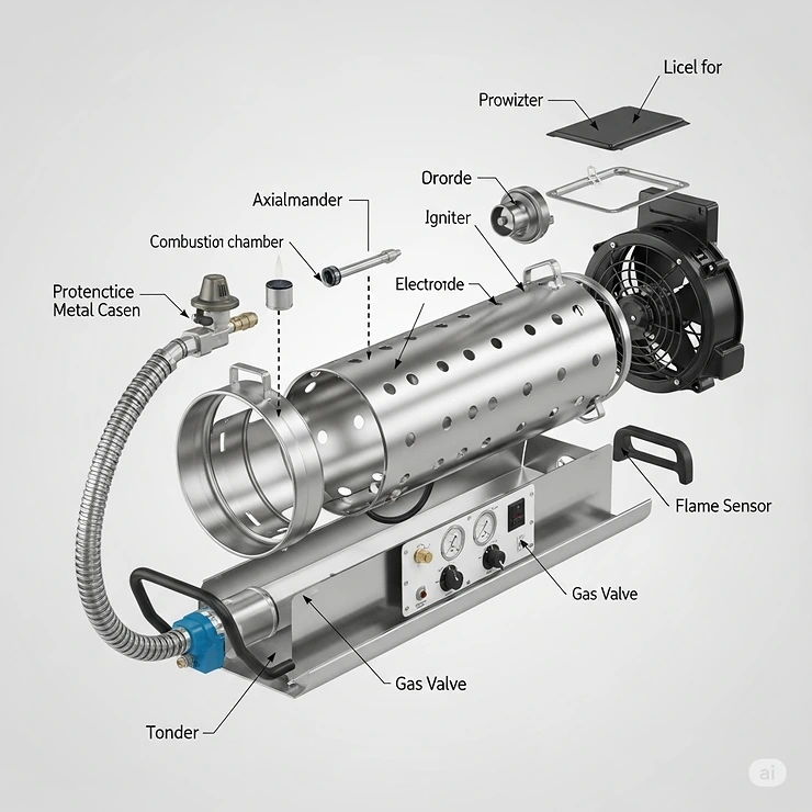 An exploded view diagram of a propane salamander heater, detailing its key components such as the fan, combustion chamber, and fuel line.