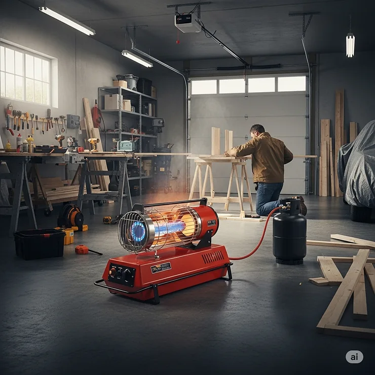 A durable propane salamander heater positioned in a spacious residential garage, illustrating its use for supplemental heating during DIY projects.