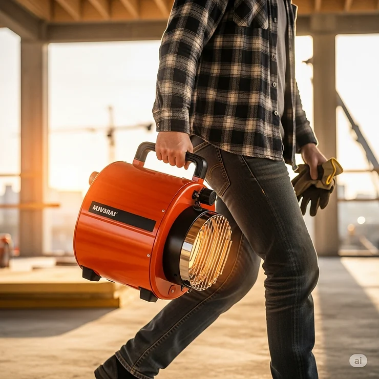 A person easily moving a portable propane salamander heater by its handle, highlighting its mobility and convenience for various job sites.