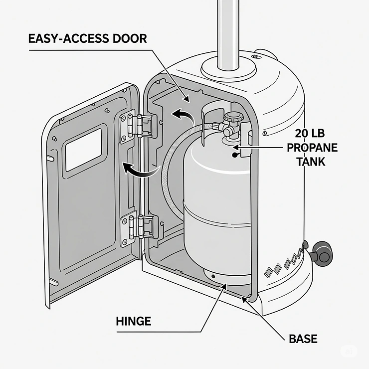 A diagram showing the easy-access door for changing the standard 20 lb propane tank inside a small patio heater's base.