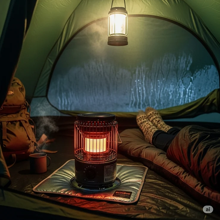 A compact and portable propane tent heater safely warming the interior of a camping tent on a chilly evening, creating a cozy and comfortable atmosphere.