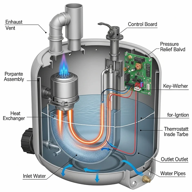 A detailed diagram illustrating the internal components of a camper propane water heater, including the burner, heat exchanger, and control board.