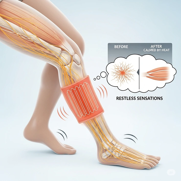 An illustration of a restless leg, showing how a heating pad can help calm the uncomfortable sensations and urges associated with RLS.