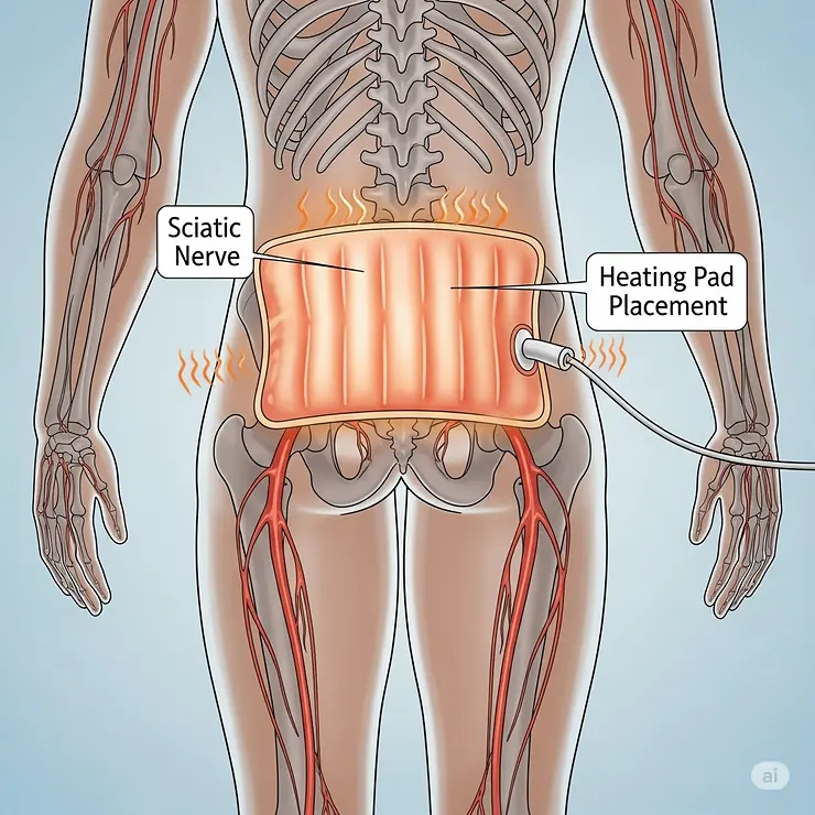An illustration demonstrating the correct placement of a heating pad for sciatica relief, showing it positioned on the lower back or gluteal region where the pain originates.