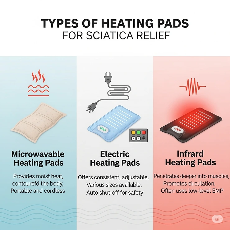 An infographic illustrating various types of heating pads for sciatica, including microwavable, electric, and infrared options, each with a brief description of its benefits.