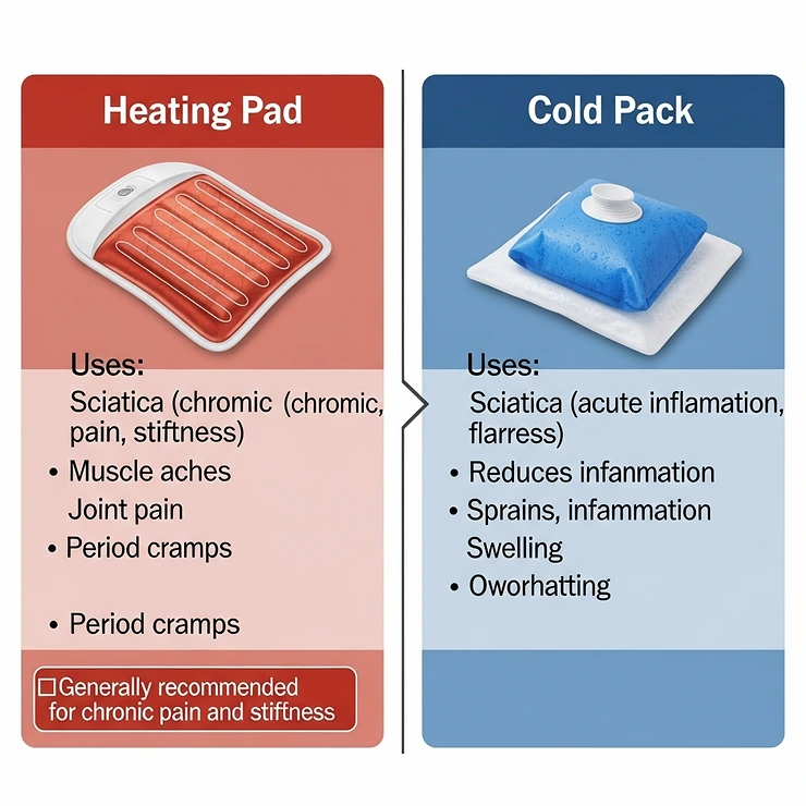A comparison chart contrasting the uses of a heating pad and a cold pack for sciatica, highlighting that heat is generally recommended for chronic pain and stiffness.
