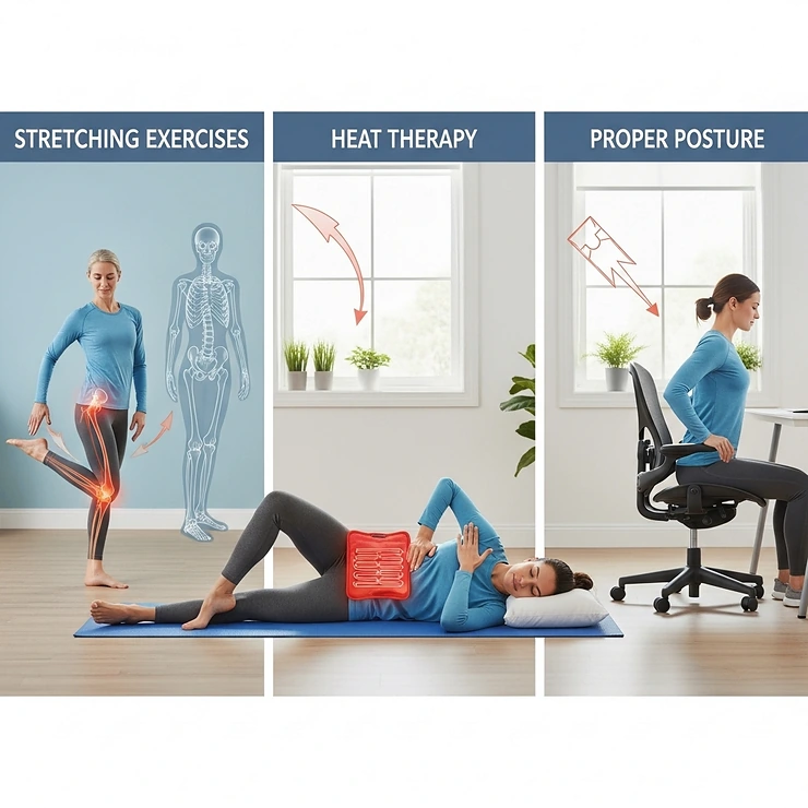 A visual representation of a comprehensive sciatica treatment plan, showing a person using a heating pad in conjunction with stretching exercises and proper posture to manage their pain.