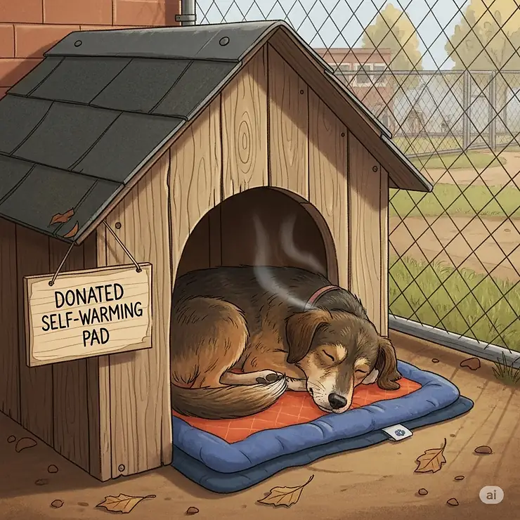An illustration of a stray or rescue dog resting comfortably inside a small outdoor dog house, which contains a self-warming pet pad, showing its benefit for animal shelters.