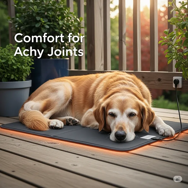 An illustration of a senior dog with graying fur, looking comfortable and peaceful while resting on an outdoor heating pad on a deck, highlighting its benefits for older dogs with joint pain. outdoor heating pad for dogs