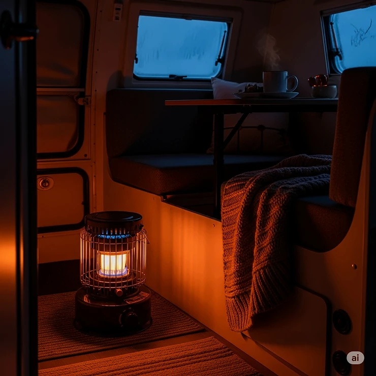 A diagram illustrating how to choose the right size propane heater for a camper based on its square footage and insulation rating.
